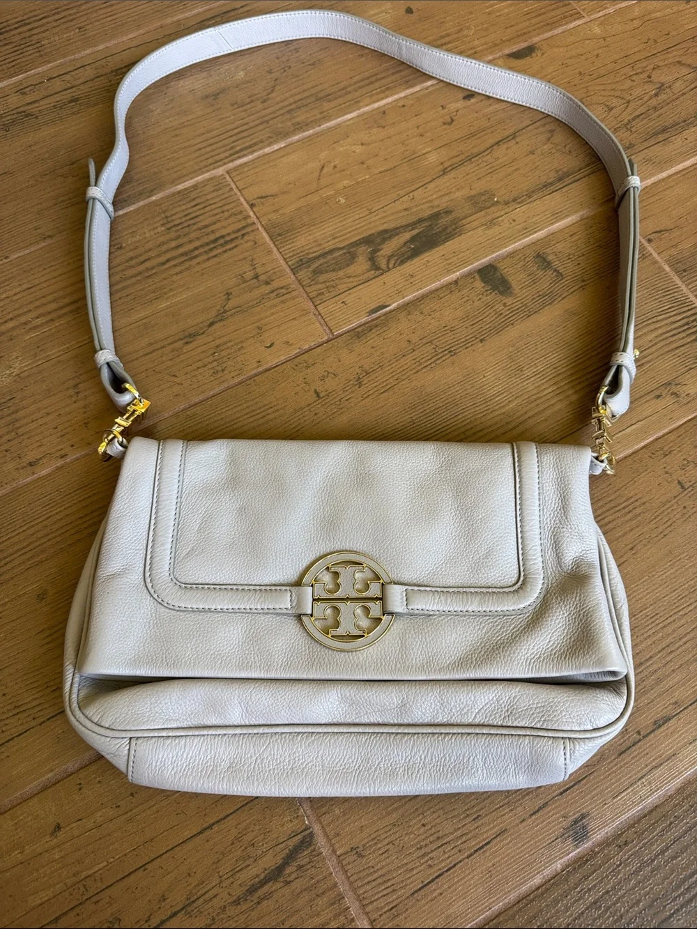Tory Burch Gray Leather Flap Shoulder Bag with Gold Logo